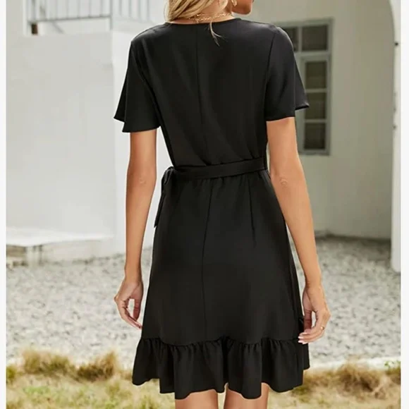 Summer Women Short Sleeve V Neck Casual Short Ruffle Dresses - Picture 2 of 16